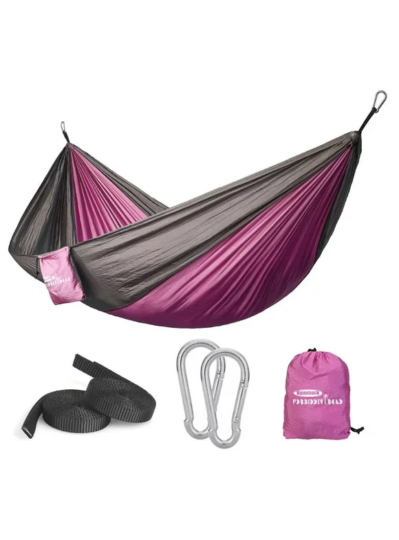 Forbidden Road Hammock Single Double Camping Lightweight Portable Hammock for Outdoor Hiking Travel Backpacking - Nylon Hammock Swing - Support 330lbs（Pink & Gray）