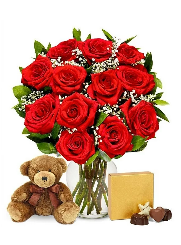 From You Flowers - One Dozen Premium Long Stem Red Roses with Chocolates & Bear (Fresh Flowers)