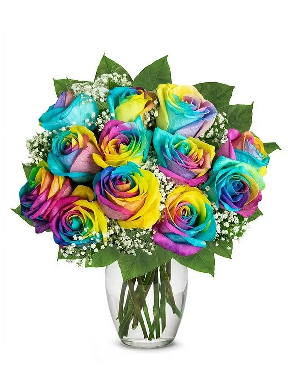 From You Flowers - One Dozen Wild Rainbow Roses with Vase (Fresh Flowers)