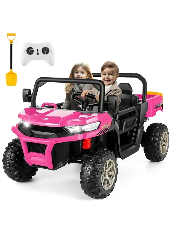 Funcid 24V 2 Seater Kids Ride on UTV with Remote Control, 2x200W Ride on Dump Truck Car, Electric Battery Powered Ride on Toys w/ Tipping Bucket Trailer, Shovel, Suspension, Bluetooth Music, Pink