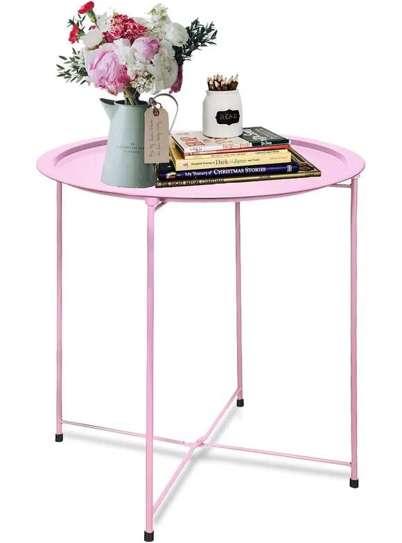 End Table Side Table Pink Round Cyan Sofa Small Accent Fold-able Table, Round End Table Tray, Next to Sofa Table, Snack Table for Living Room and Bed Room