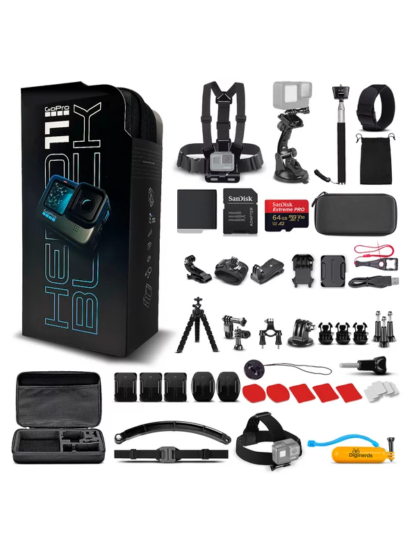 GoPro HERO11 Black (New) - 27MP Waterproof Camera with 5.3K Video + 64GB Card and DigiNerds 50-piece Action Kit