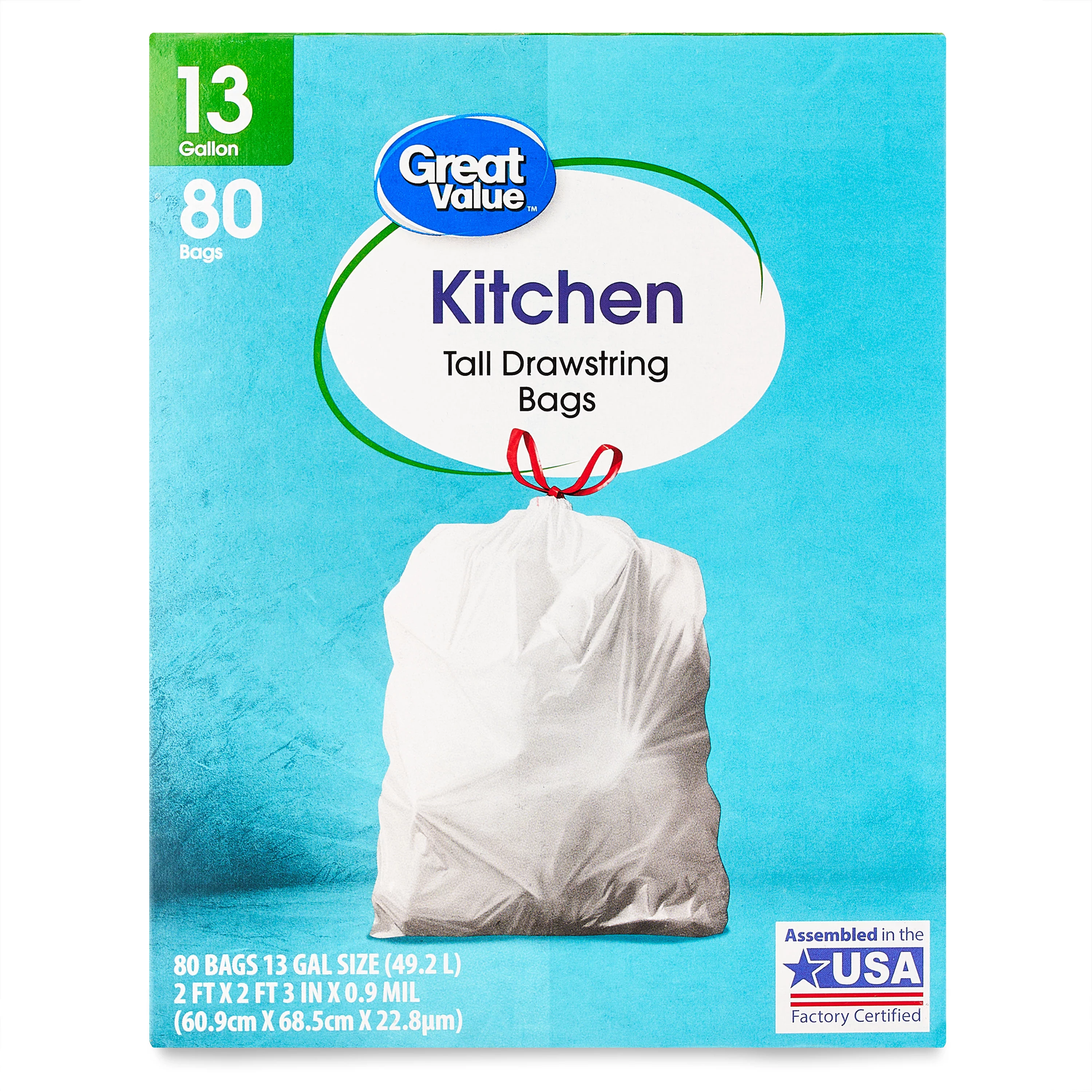 Great Value Kitchen Tall Drawstring Bags, 13 Gallon, 80 Count