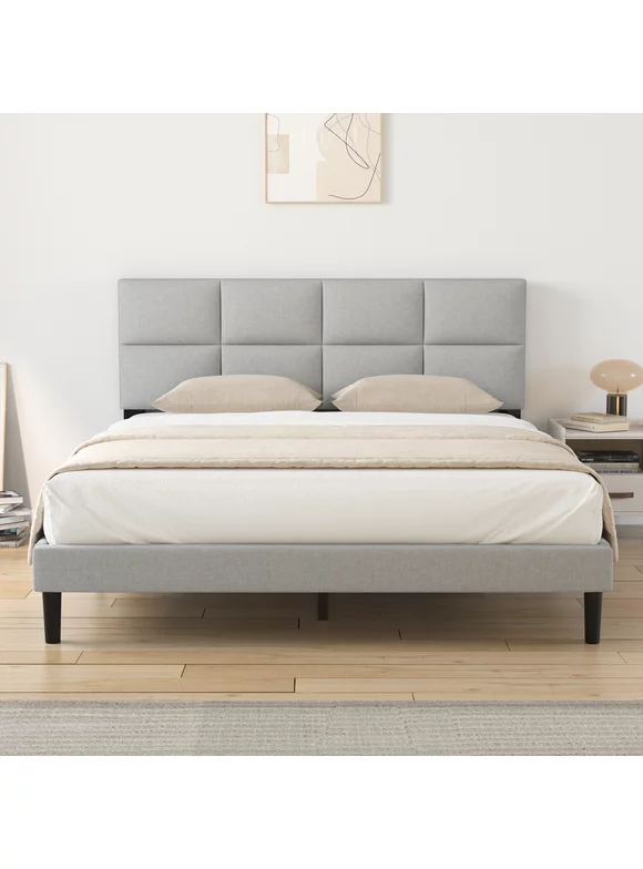HAIIDE Queen Size bed Frame with Fabric Upholstered Headboard,light Gray, Easy Assembly