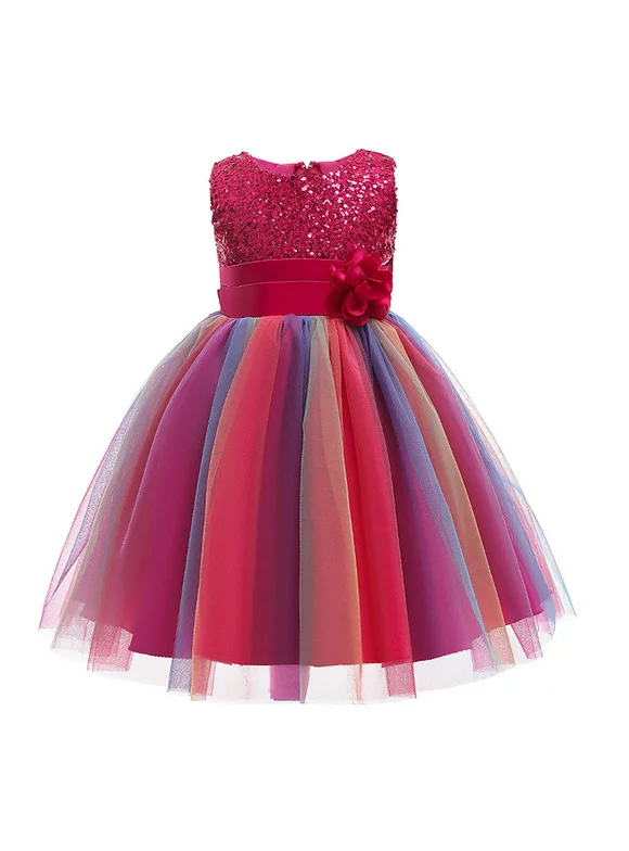 HAWEE Flower Girls Sequin Dress Rainbow Tutu Birthday Party Princess Dress Pageant Gown for Age 3-10 Years Old