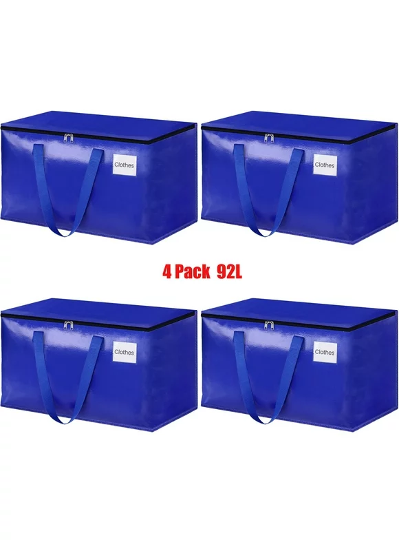 HDS 4PCS Heavy Duty Moving Bags Extra Large Storage Bags for Clothes,Reusable with Handles and Zippers,92L/24 Gallon,Blue