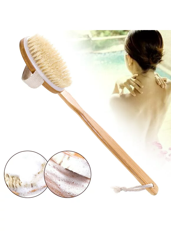 HOTBEST Long Wood Handle Bath Brush Reach Back Body Shower Bristle Scrubber Spa Back Scrubber Body Brush with Natural Boar Bristles and Long Wooden Handle for Dry Wet Skin Brushing