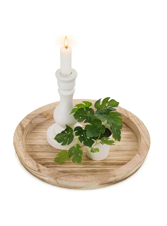 Hanobe Serving Wooden Round Tray:Rustic Decorative Tray Farmhouse Candle Holder Centerpiece Trays for Coffee Table