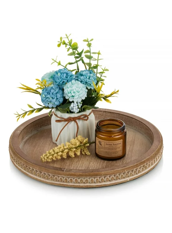 Hanobe Wooden tray Farmhouse Centerpieces for Bathroom Coffee Table  Decor Round Brown Bead Tray, 12"