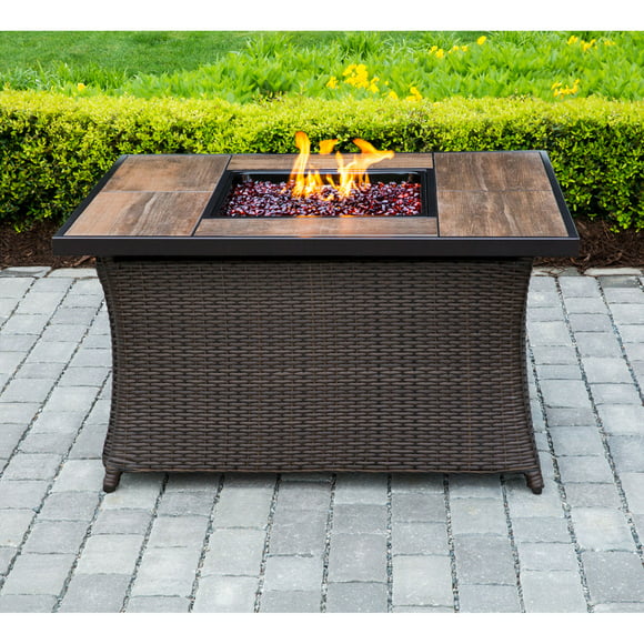 Hanover 40,000 BTU Woven Fire Pit Coffee Table with Woodgrain Tile Top and Burner Lid
