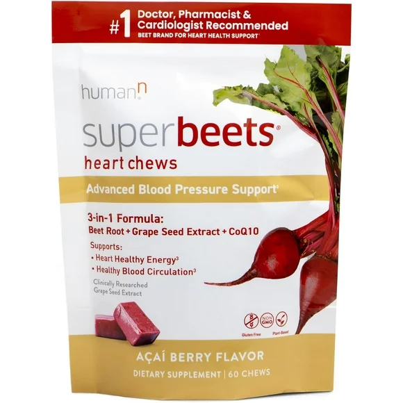 HumanN SuperBeets Heart Chews Advanced - 3-in-1 Formula with Beetroot, Grape Seed Extract, & CoQ10, 60 Count