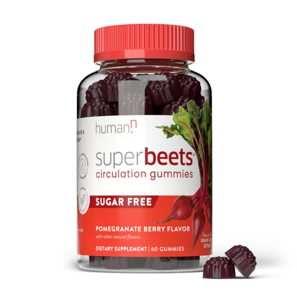 HumanN SuperBeets Sugar-Free Nitric Oxide Circulation Gummies - Daily Blood Pressure Support for Heart Health - Grape Seed Extract & Non-GMO Beet Energy Gummies - Pomegranate Berry Flavor, 60 Count