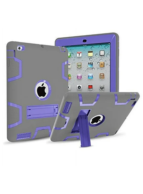 IPad 4/3/2 Case,Mignova Three dual Layer [Impact Protection][Shock Proof] Armor Defender Full Body Case for Apple iPad 4 Case,ipad 3 Case,ipad 2 Case Generation 9.7 inch (Gray+Purple)