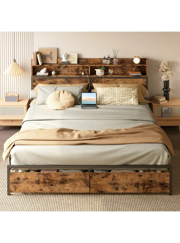 IRONCK King Platform Bed Frame with Storage Headboard, Charging Station and 2 Under-bed Drawers