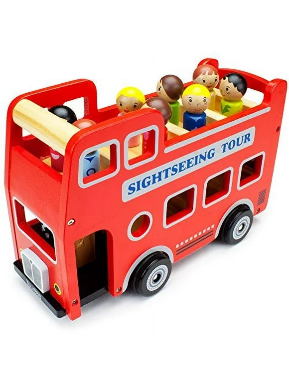 Imagination Generation Wooden Wheels Double-Decker Red London Tour Bus with 8 Tourists