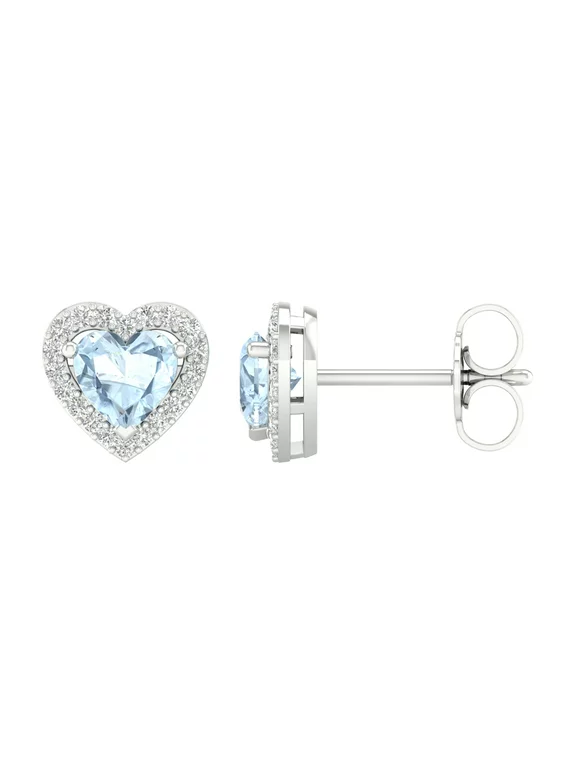 Imperial Gemstone 10K White Gold Heart Cut Aquamarine 1/8 CT TW Diamond Halo Stud Earrings