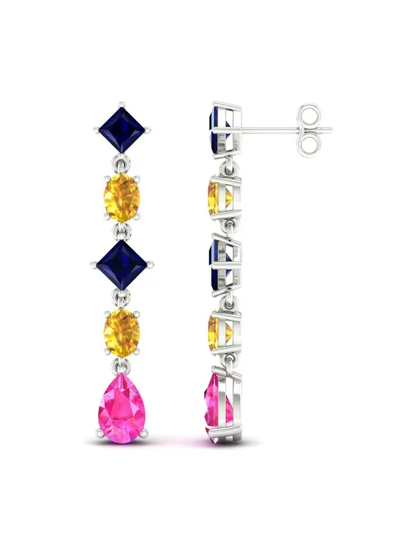 Imperial Gemstone 10K White Gold Lab Created Blue Yellow and Pink Sapphire Drop Earrings