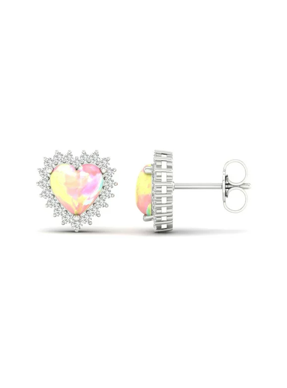 Imperial Gemstone Heart Cut Created Opal and Created White Sapphire Halo Stud Earrings in Sterling Silver