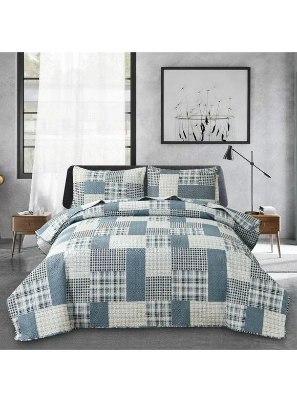 Jessy Home Patchwork Bedspread Queen/Full Size Gray White Blue Plaid Quilt Microfiber Coverlet