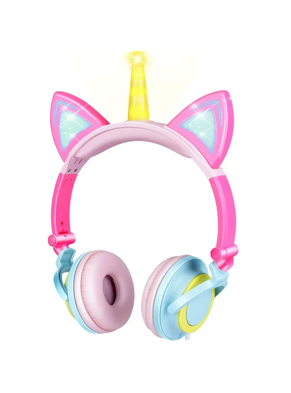 JoyX Unicorn Pink Kids Headphones for Girls Foldable Cat Ear Unicorn Headphones Flashing LED Lights for PC & Laptop Rechargeable Over-Ear Headset Adjustable Headband Kids Earphone Wired