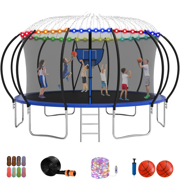 Jump Into Fun Trampoline 16FT, 1500LBS Trampoline for Adults/ 8-10 Kids, Trampoline with Enclosure, Basketball Hoop, 2 Balls, More Gifts, Galvanized Full Spray Round Outdoor Pumpkin Trampoline