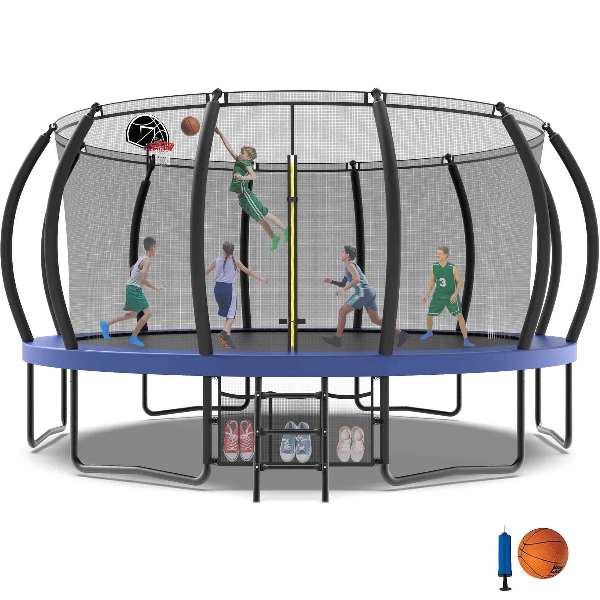 Jump Into Fun Trampoline 16FT, 1500LBS Trampoline for Adults/ 8-10 Kids, Trampoline with Enclosure, Basketball Hoop, Shoes Bags, Galvanized Full Spray Round Outdoor Trampoline with Curve Pole