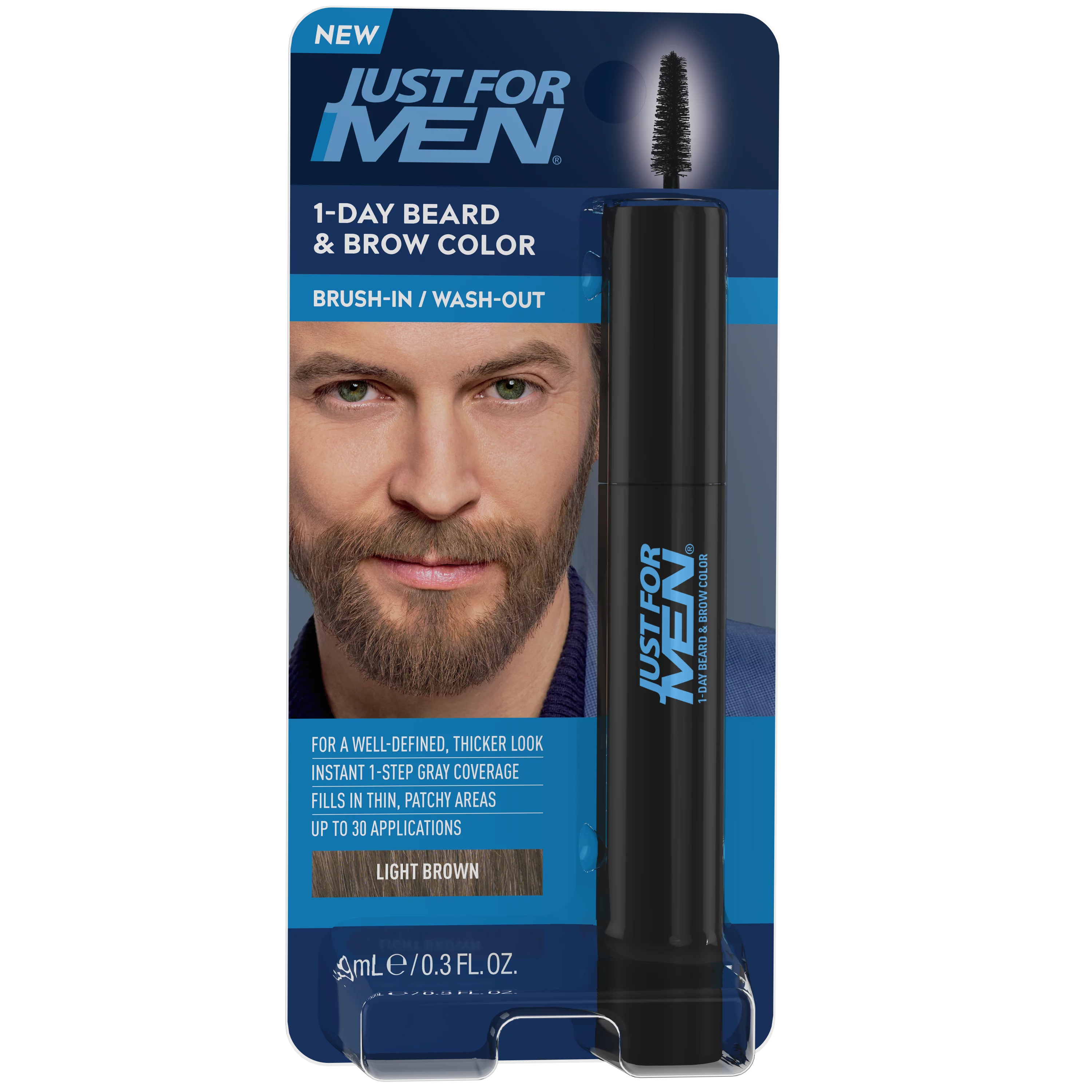 Just For Men 1-Day Beard & Brow Color, Temporary Dye for Beard and Eyebrows, Up to 30 Applications, Light Brown