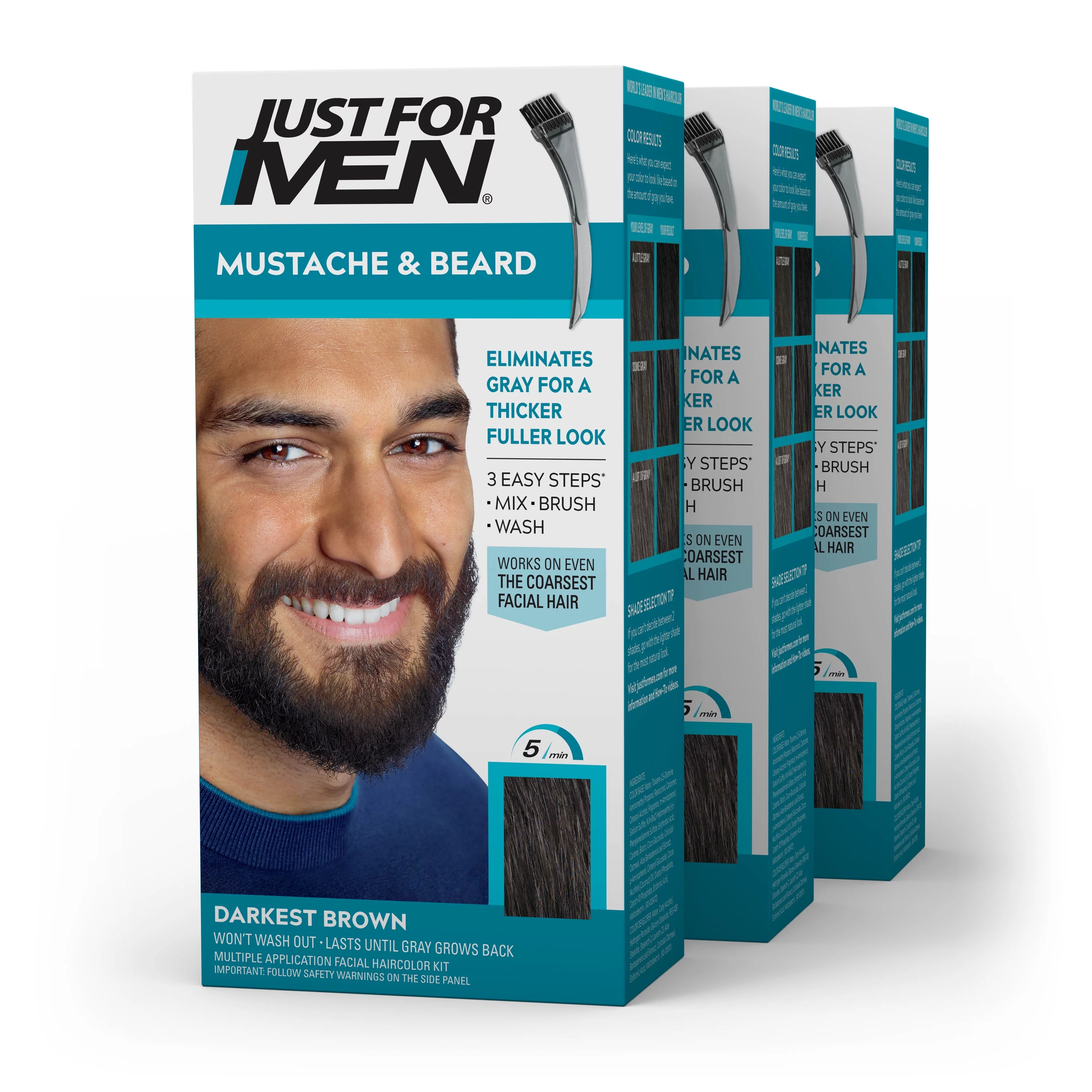 Just For Men Mustache and Beard Coloring for Gray Hair, M-50 Darkest Brown, 3 Pack