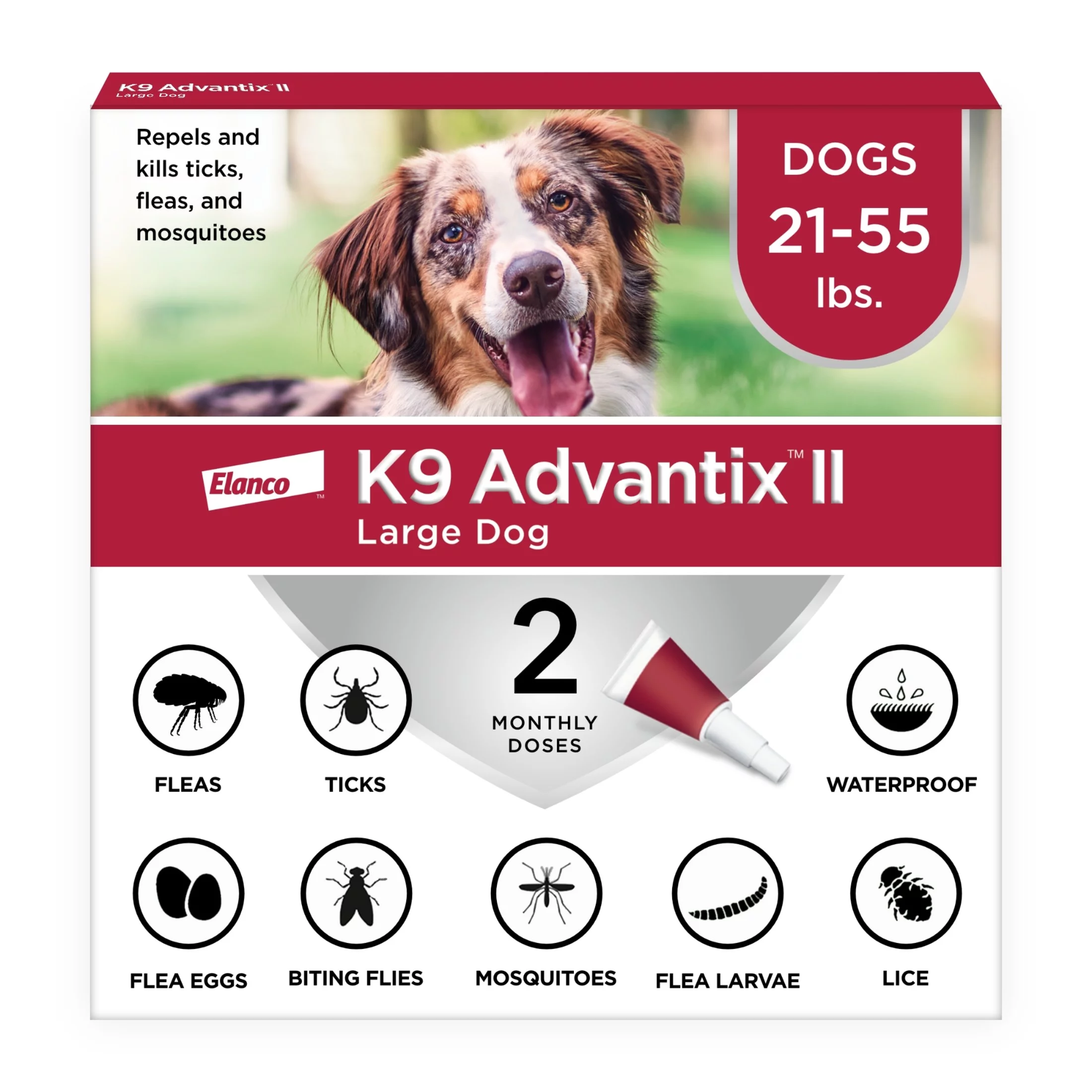K9 Advantix II Vet-Recommended Flea, Tick & Mosquito Prevention for Large Dogs 21-55 lbs, 2 Monthly Treatments