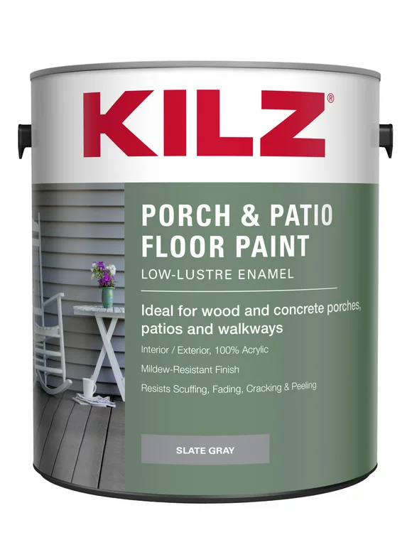 KILZ Porch & Patio Latex Floor Paint, Interior/Exterior, Low-Lustre Enamel, Slate Gray, 1 Gallon