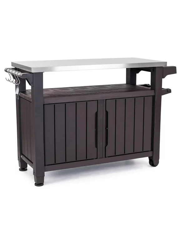 Keter Unity XL Outdoor Kitchen Rolling Bar Cart with Storage Cabinet, Brown