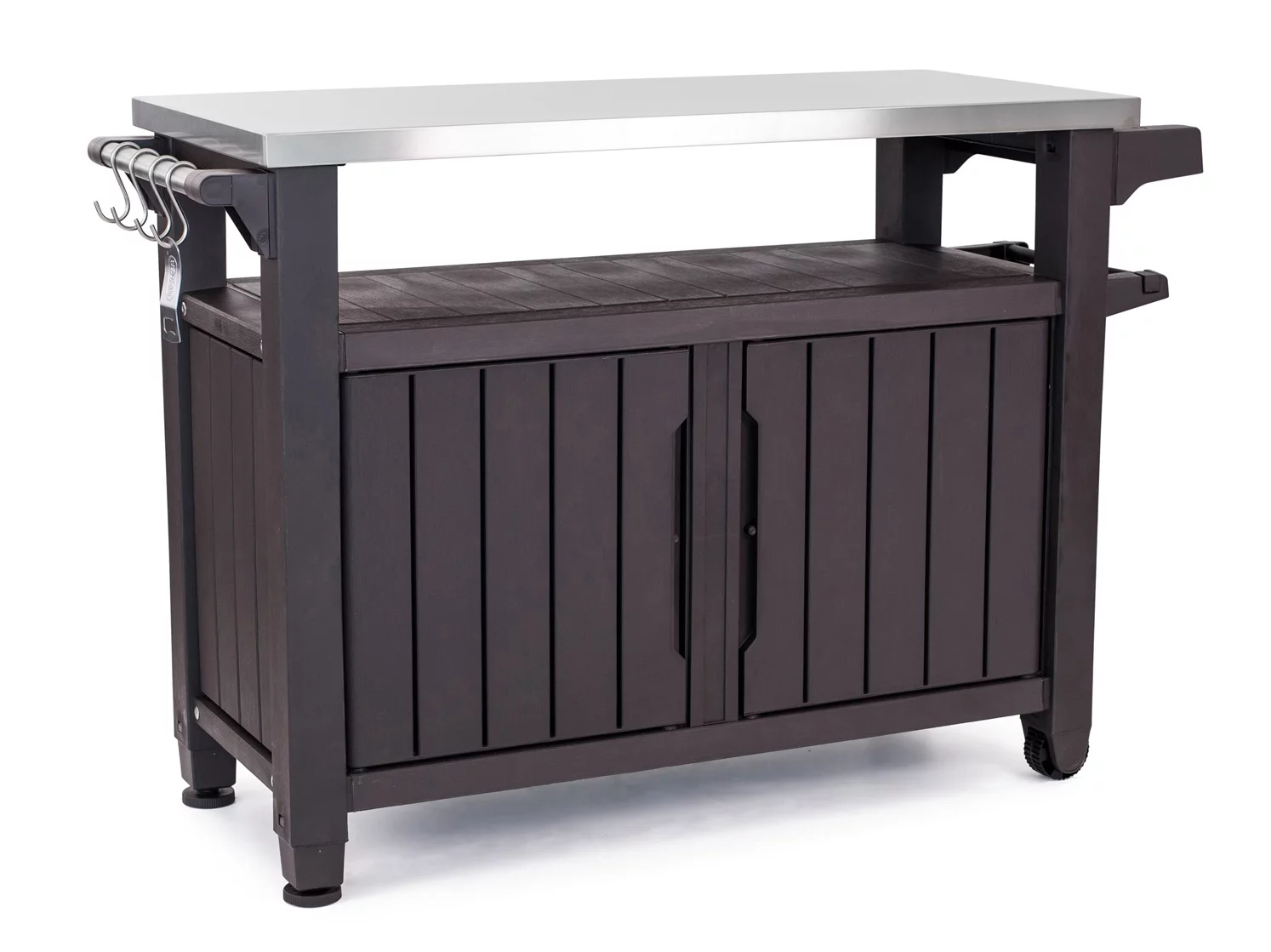 Keter Unity XL Outdoor Kitchen Bar Rolling Cart with Storage Cabinet, Brown