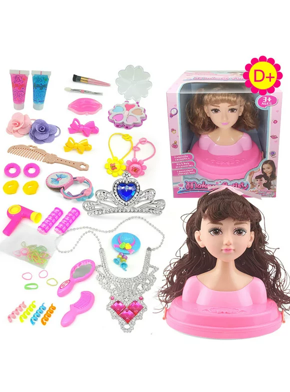 Kids Dolls Styling Head Makeup Comb Hair Toy Doll Set Pretend Play Princess Dressing Play Toys For Little Girls Makeup Learning Ideal Present
