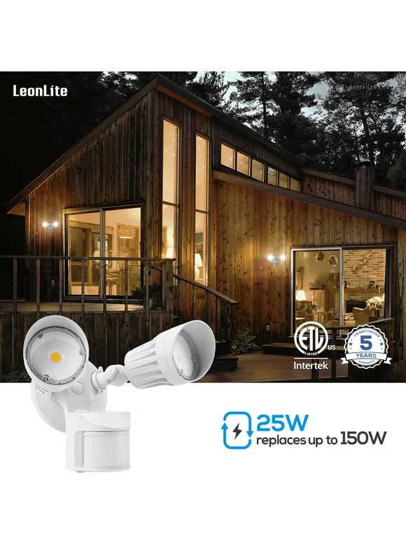 LEONLITE 2 Pack Motion Sensor LED Security Light, Dusk to Dawn Outdoor Flood Lights, Adjustable 2-Head, IP65 Waterproof, 20W(150W Eqv.), Warm White, White
