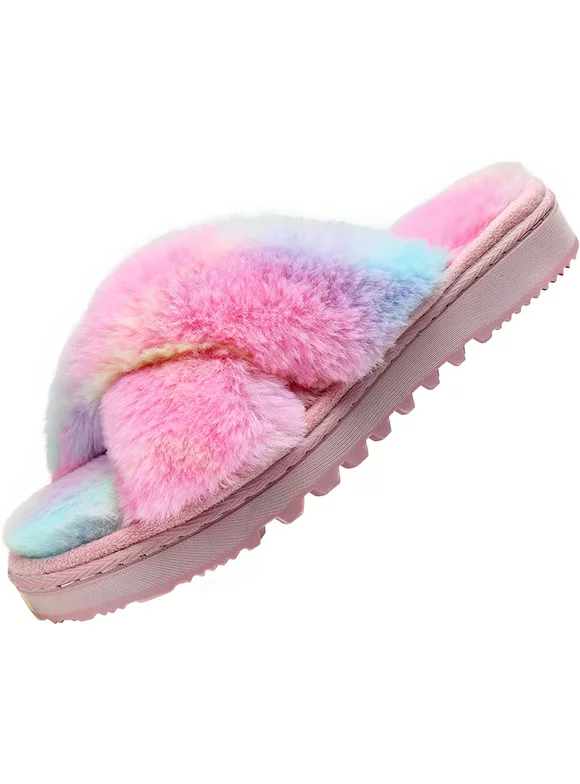 LORDFON Open Toe Cross Band Fuzzy Womens Slippers Fluffy House Slippers with Memory Foam