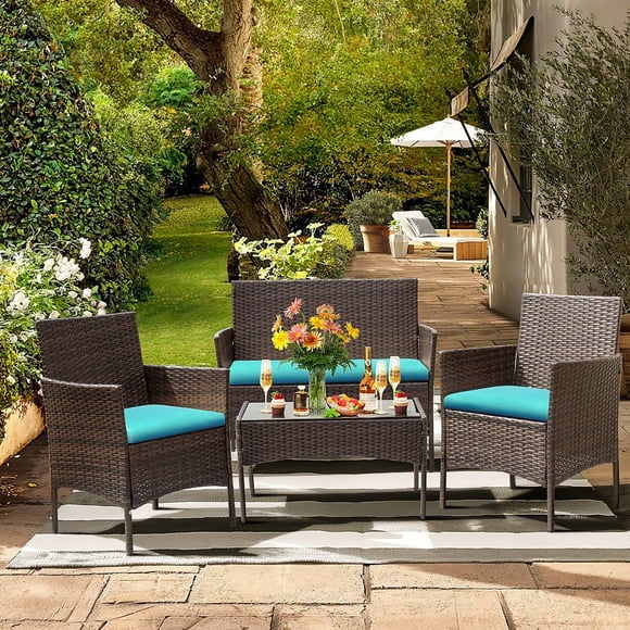 Lacoo 4 Piece Outdoor Patio Furniture PE Rattan Wicker Table and Chairs Set with Cushions, Blue