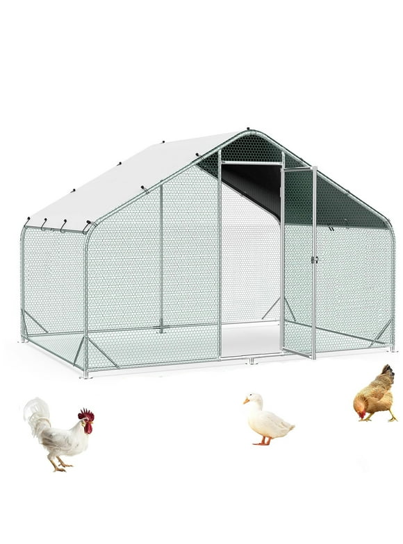 Large Metal Chicken Coops, Outdoor Duck Walk-in Run Poultry Cage, Hen House Yard Habitat Cage with Waterproof Cover Spire Shaped Coop, 9.8' L x 6.6' W x 6.6' H