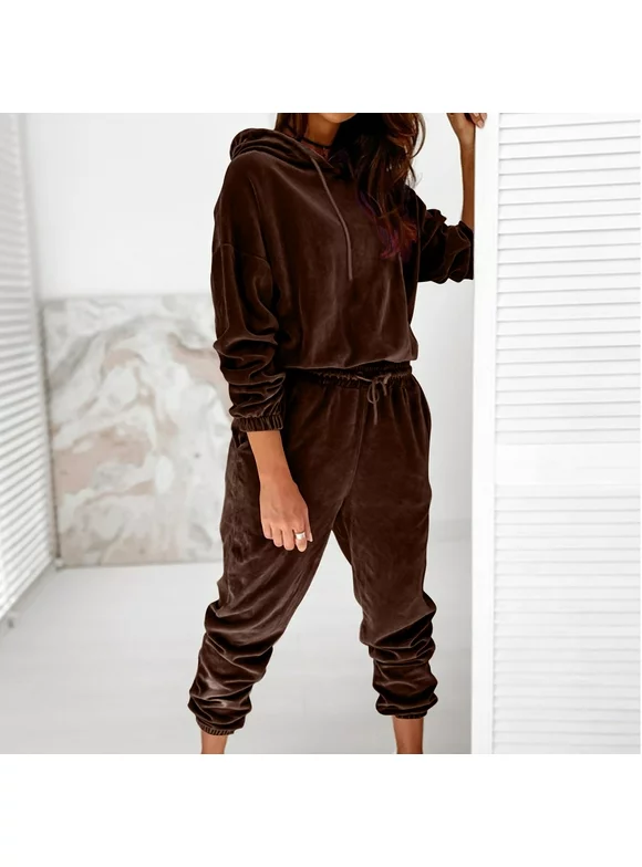 Lastesso Women's Velour Pajamas Super Soft Warm Pjs Sets Drawstring Long Sleeve Hoodies Joggers Plus Solid Homewear