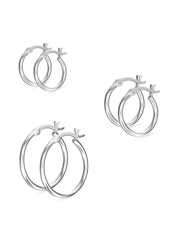 LeCalla 925 Sterling Silver Hypoallergenic Classic SET of 3 Pairs Light-Weight Click-Top Hoop Earrings Jewelry Gifts for Women and Teen Girls (12mm, 15mm, 20mm) - Mothers Day Gifts Jewelry