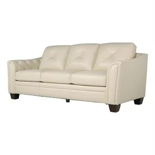 Maklaine 21" Transitional Leather Tufted Fitted Back Sofa in Ivory
