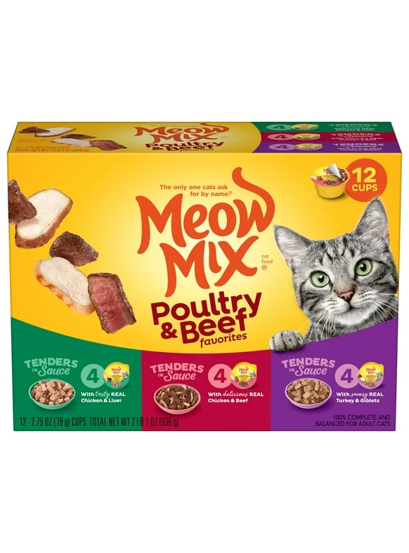 Meow Mix Tender Favorites Poultry & Beef Wet Cat Food Variety Pack, 2.75-Ounce Cups (Pack of 12)