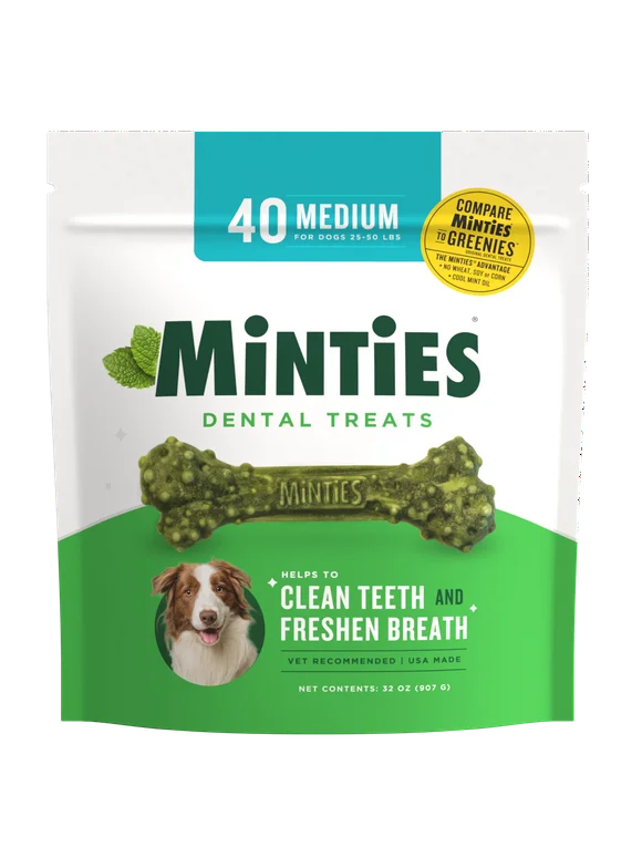 Minties Dental Bone Treats, Chews for Medium Dogs over 40 lbs, 40 Count, 32 oz, Shelf-Stable