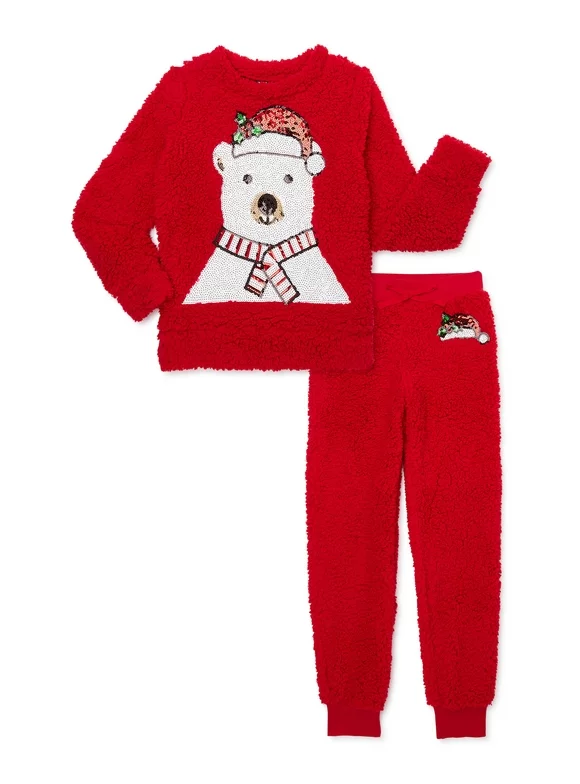 Miss Chievous Girls Faux Sherpa Critter Pullover and Joggers Outfit Set, 2-Piece, Sizes 4-16