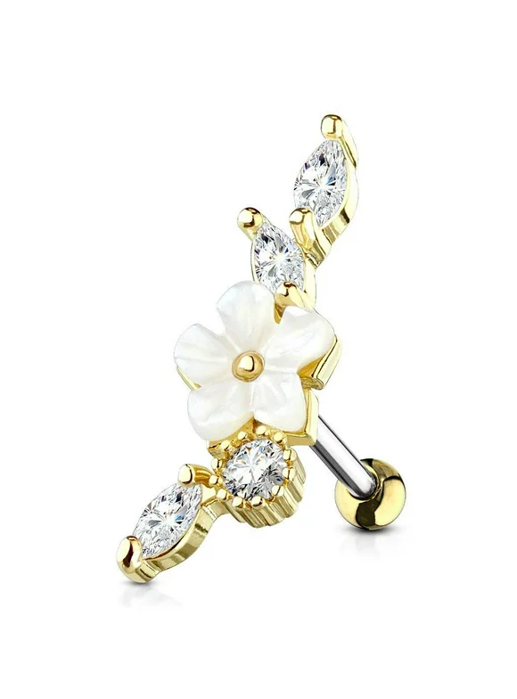 MoBody Clear CZ Jeweled Mother of Pearl Flower Tragus Earring Surgical Steel Cartilage Helix Piercing Stud 16G (Gold-Tone)