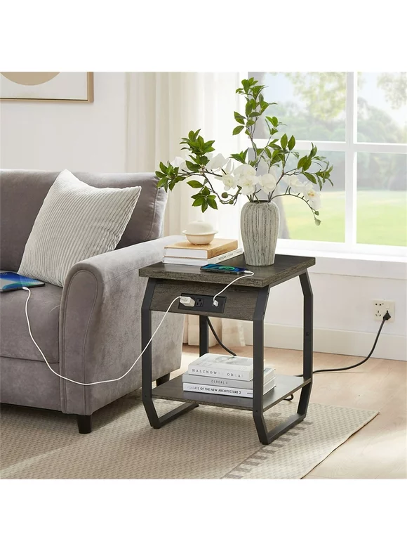 Modern Side Table Set of 2 with USB Ports and Sockets, Wooden Small Tea Table with Steel Frame and Adjustable Feet, Storage End Table Nightstand with Charging Station for Small Place, Dark Gray