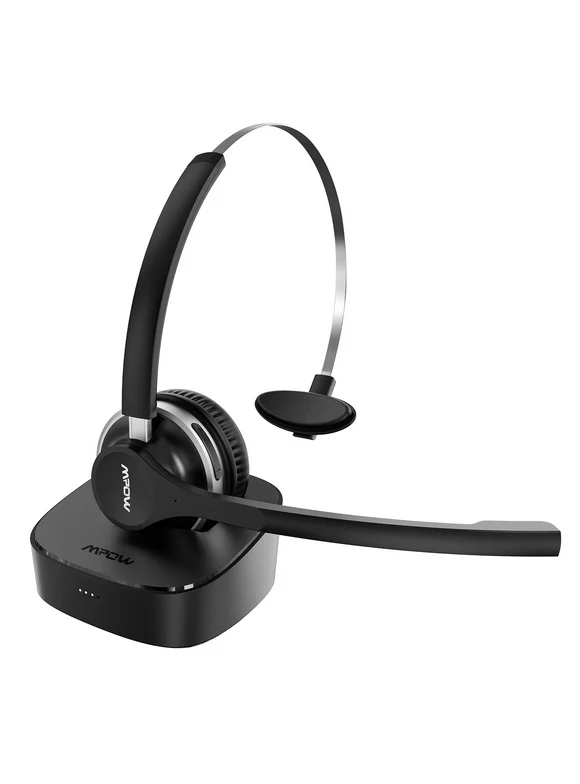 Mpow 215 Hours Wireless Headset with Charging Dock, Noise Cancelling Bluetooth Headphone with Dual Mic for PC, Laptop, Truck Driver, Office, Call Center, Skype