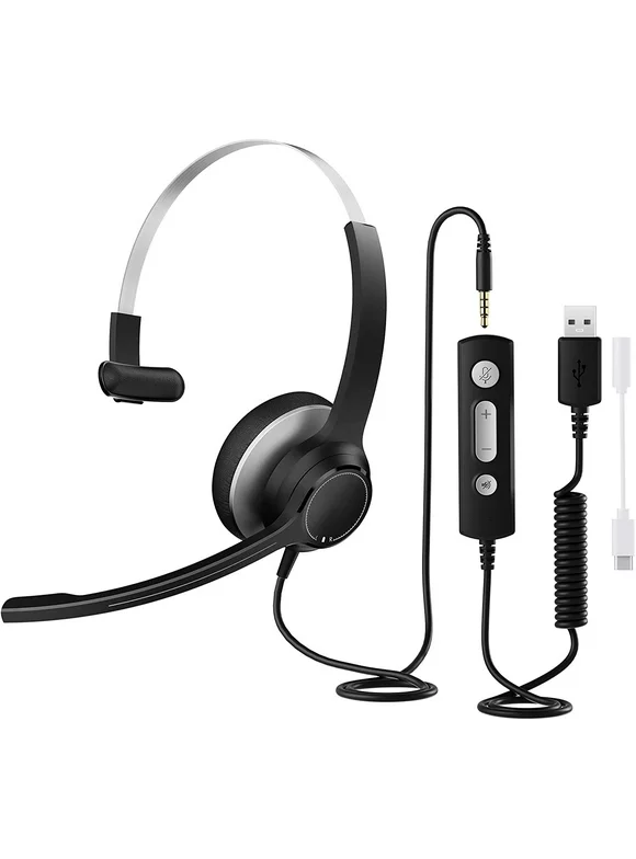 Mpow USB Headset, 3.5mm/USB/Type-c Computer Wired Headset with In-Line Volume Control, Single Ear Headset with 270° Boom Noise Cancelling Mic for Home Office, Remote Learning - Black
