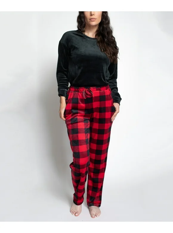 Muk Luks Women's Silky Velour Pajama Set, Black/Buffalo, T/XS