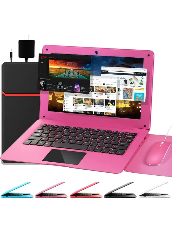 NBD 10.1 Inch Laptop Android 12.0 Computer, Quad Core Powered Netbook,2G RAM+64 GB ROM Mini Laptop Computer for Kids with Bag, Mouse, and Mouse Pad(Pink)