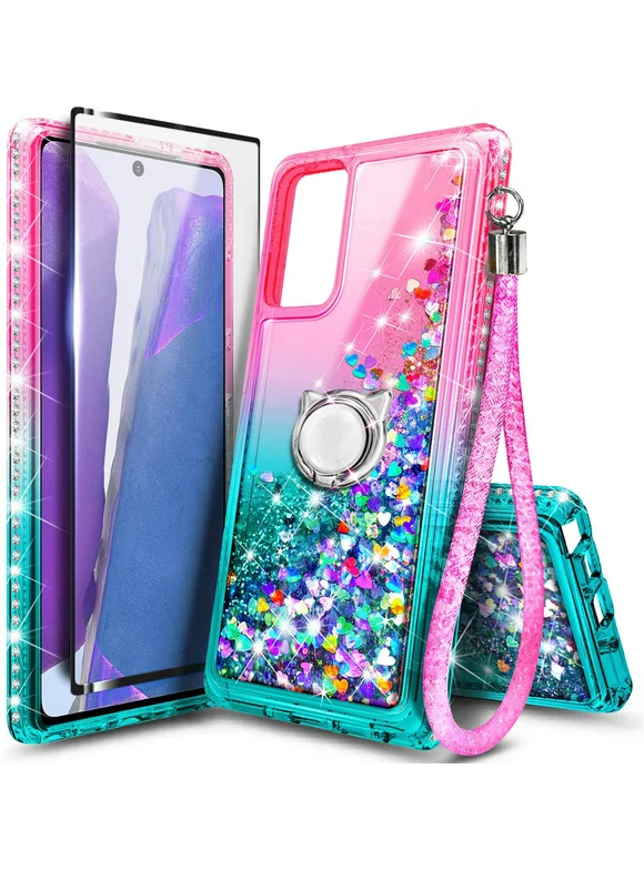 Nagebee Case for Samsung Galaxy A03S with Tempered Glass Screen Protector (Full Coverage), Sparkle Glitter Liquid Bling Diamond [Ring Holder & Wrist Strap] Women Girls Cute Case (Pink/Aqua)